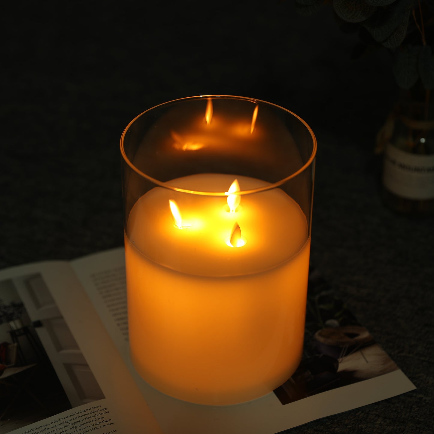 8''High 3-Wick Glass Battery Operated  Flameless Candles White