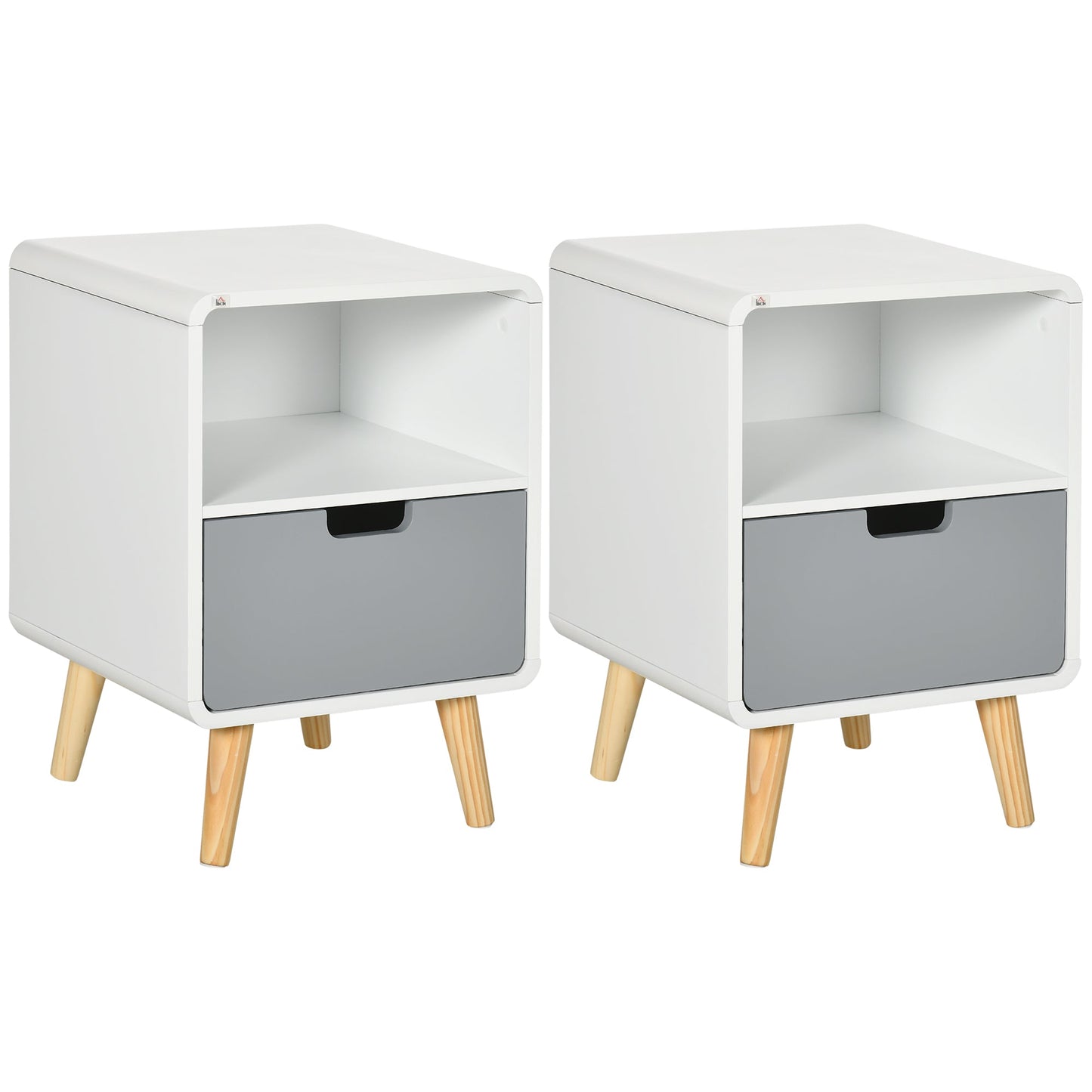 Set of 2 Wooden Bedside Tables with Drawer - Scandinavian Style - Natural Wood