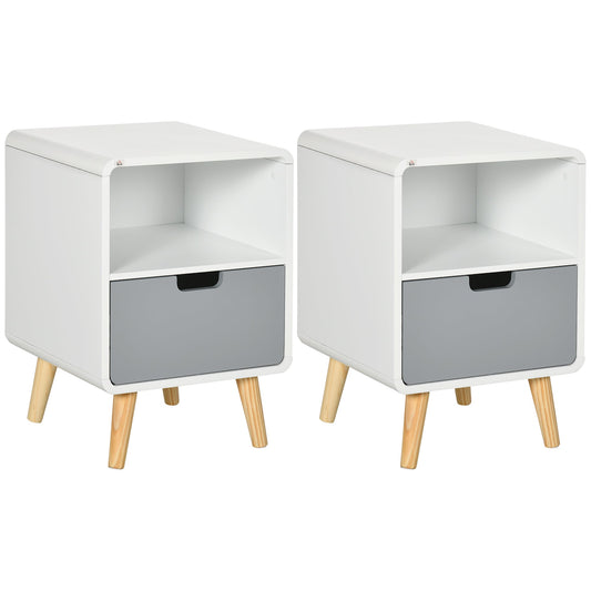 Set of 2 Wooden Bedside Tables with Drawer - Scandinavian Style - Natural Wood
